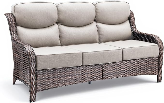 Luxury Outdoor Patio Furniture Set-Wicker High Backrest 3-Seat Patio Sofa with Comfy 6" Cushion, Rattan Couch with Deep Seat All-Weather Patio Conversation Set for Deck Backyard Garden(Brown/Beige)