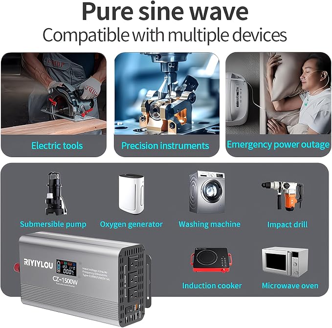 1500W Pure Sine Wave Inverter (3000W Peak), 12V/24V Auto-Detect, 50Hz/60Hz Switchable, LCD Display, Type-C Fast Charging, Silent Design, Overload & Overheat Protection for RV, Home