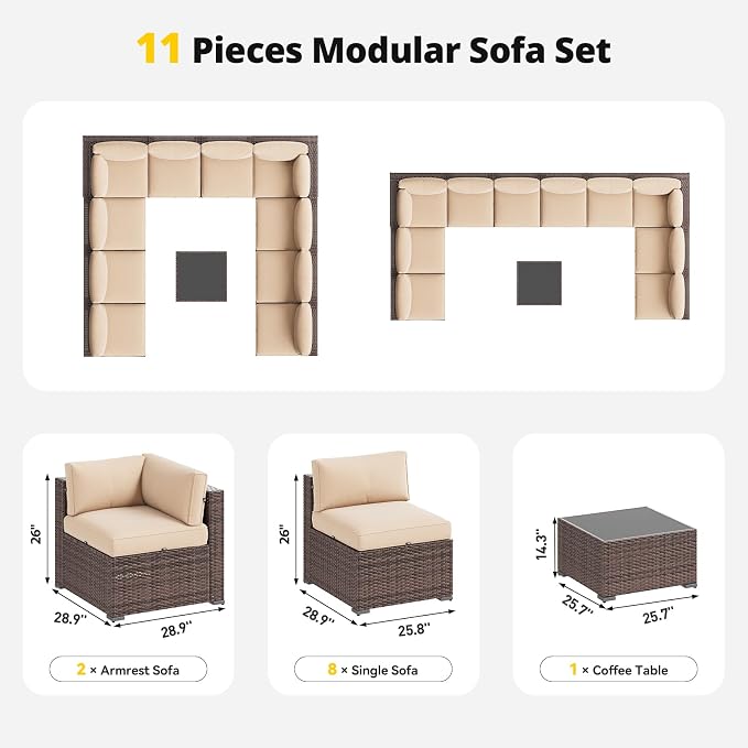Aoxun Patio Furniture Set, 11 Piece Outdoor Sectional Sofas with Waterprool Cover, 10 Seats Wicker Rattan Outdoor Furniture Patio Conversation Set for Backyard, Garden (Brown Rattan Beige Cushions)
