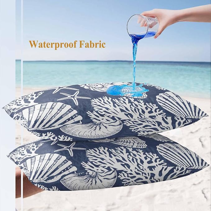 Lumbar Pillow Covers 20x12 Inch Set of 2, Navy Blue Starfish Coastal Waterproof Outdoor Pillow Covers, Summer Coral Shell Beach Nautical Decorative Cushion Pillowcases for Couch Sofa Bed Garden Patio
