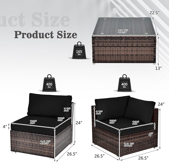 DORTALA 6 Pieces Patio Furniture Set, Outdoor Wicker Conversation Set with Glass Coffee Table, Wicker Sofa Set with Back & Seat Cushions, Rattan Sectional Conversation Couch Set, Black