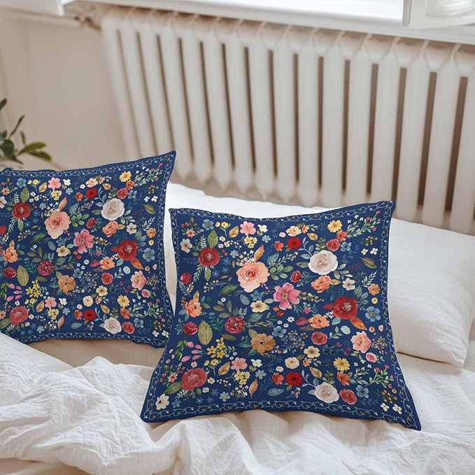 Vandarllin Outdoor Throw Pillows Covers 24x24 inch Set of 2 Waterproof Navy Blue Floral Decorative Zippered Cushion Covers for Patio Furniture, Farmhouse Vintage Flower Lumbar Pillowcases