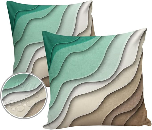 Outdoor Waterproof Pillow Covers for Patio Furniture Green Modern Geometric Decorative Throw Pillow Cover Brown Ombre Abstract Pillowcases Set of 2 Cushion Case for Sofa Couch 26 x 26 Inches