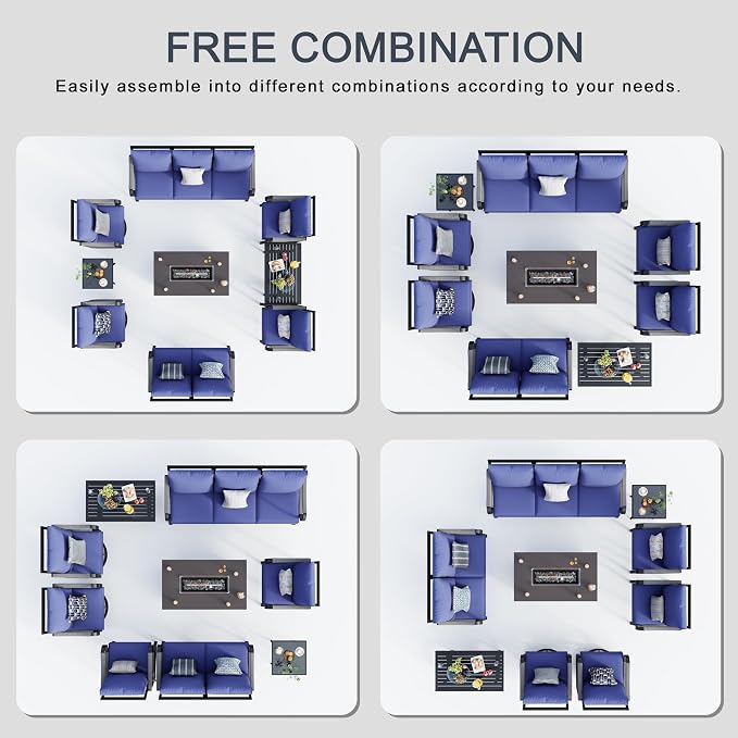 9 Pieces Patio Furniture Set, Metal Outdoor Conversation Sets with Fire Pit Table and Swivel Chairs for Backyard Garden Deck Porch Poolside (Thick Blue Cushions)