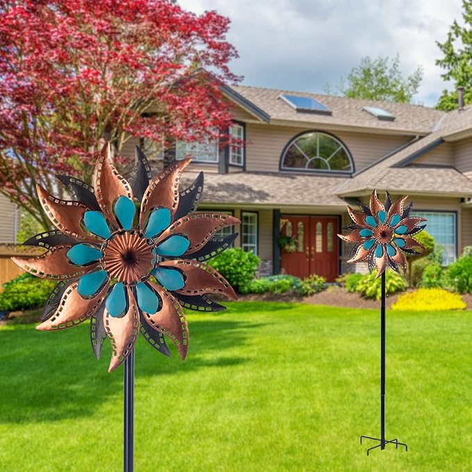 VEWOGARDEN Metal Wind Spinners Outdoor Kinetic Flower Wind Spinner for Outdoor Garden Lawn Patio Decorations, Antique Bronze & Blue