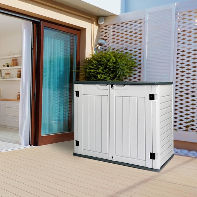 Large Outdoor Storage Box, 260 Gal Deck Box with 2 Doors, Patio Storage Box Storage Cabinet for Outdoor Furniture Gardening Tools Pool Supplies 50'' x 29'' x 41'' Easy Assembly (Grey&White)