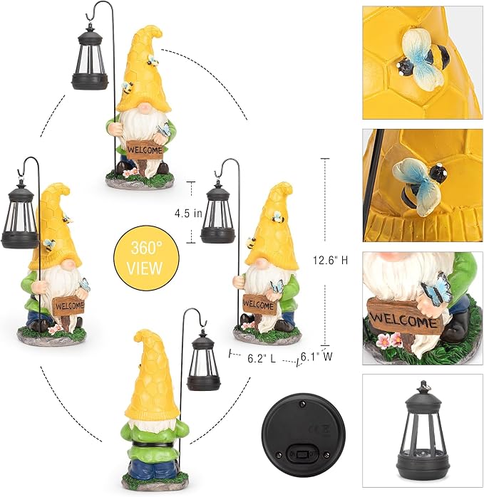 Solar Garden Gnome Statue with Lantern - Hand-Painted Resin Gnome Decor, IP44 Waterproof Outdoor Figurine for Yard Patio Porch, for Mom Women Housewarming Christmas
