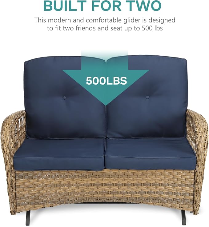 MEETWARM 5 Pieces Outdoor Wicker Patio Conversation Sets with Glider Loveseat, 2 Chairs with 2 Glass-Top Coffee Table Wicker Rocking Glider Set, Wicker Conversation Set w/Thickened Cushions, Navy Blue