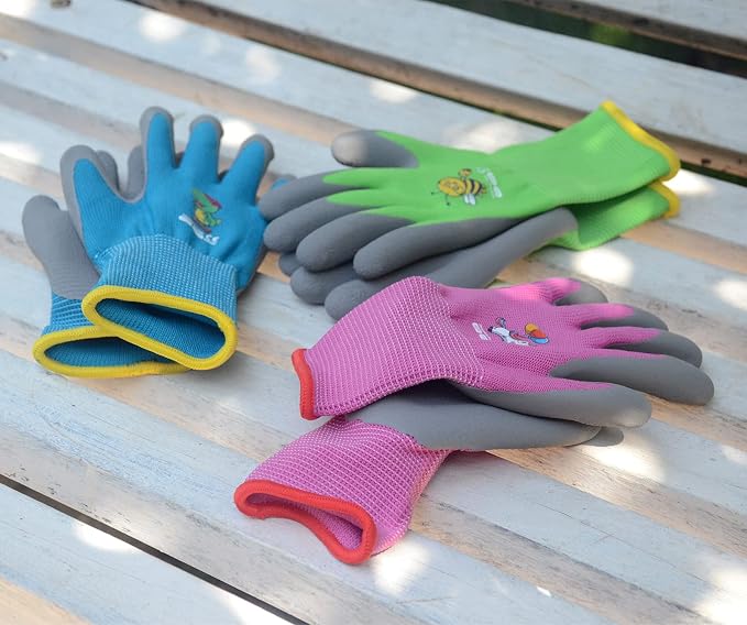 KDK Ages 8-10 Kids Gardening Gloves,Yard Work Gloves for Toddlers, Youth, Girls, Boys, Childrens, Soft Safety Rubber Gloves (XS Age 8-10, 3 Pairs Green, Blue&Pink)