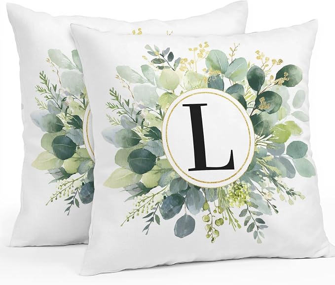 Letter L Waterproof Outdoor Pillow Covers Set of 2 Home Decor, Alphabet Green Eucalyptus Leaves Pillowcase Patio Pillow Covers for Couch Bench Patio Furniture Garden 24x24in