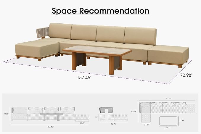 PURPLE LEAF Patio Furniture Set Modular L-Shaped Outdoor Sectional Sofa with 11" Thick Olefin Cushion 7-Piece Outdoor Conversation Set with Ottomans & Table for Backyard Garden Poolside, Beige