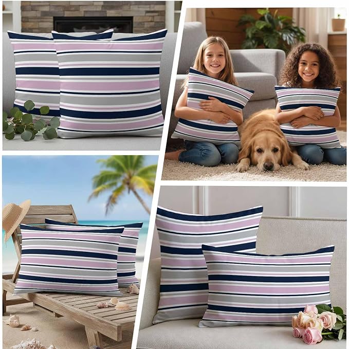 Pink Grey Striped Outdoor Pillow Cover 18x18 Inch Cushion Sham Case, Farmhouse Stripes Modern Abstract Art Waterproof Decorative Square Throw Pillowcase for Outside Garden Patio Porch Couch Chair Tent