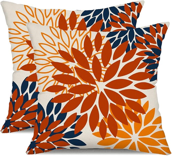 DFXSZ Outdoor Waterproof Pillow Covers 20x20 Set of 2 Orange Blue Flower | Spring Summer Waterproof Flower Throw Pillowcases（No Inserts）Outdoor Decor for Fall Patio Funiture Garden Polyester Covers