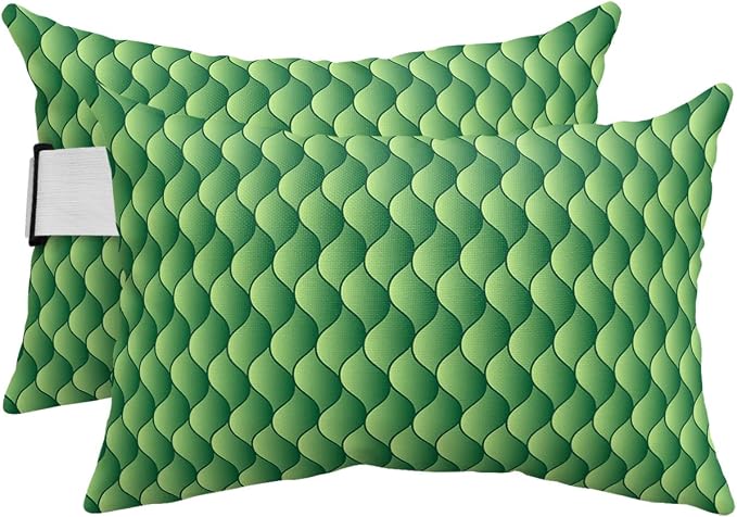 Outdoor Pillows Covers with Inserts Summer Abstract Geometric Ombre Green Ocean Wave Waterproof Pillow with Adjustable Strap Throw Pillows for Patio Furniture Recliner Lounge Chair, 12x20 inch, 2PCS