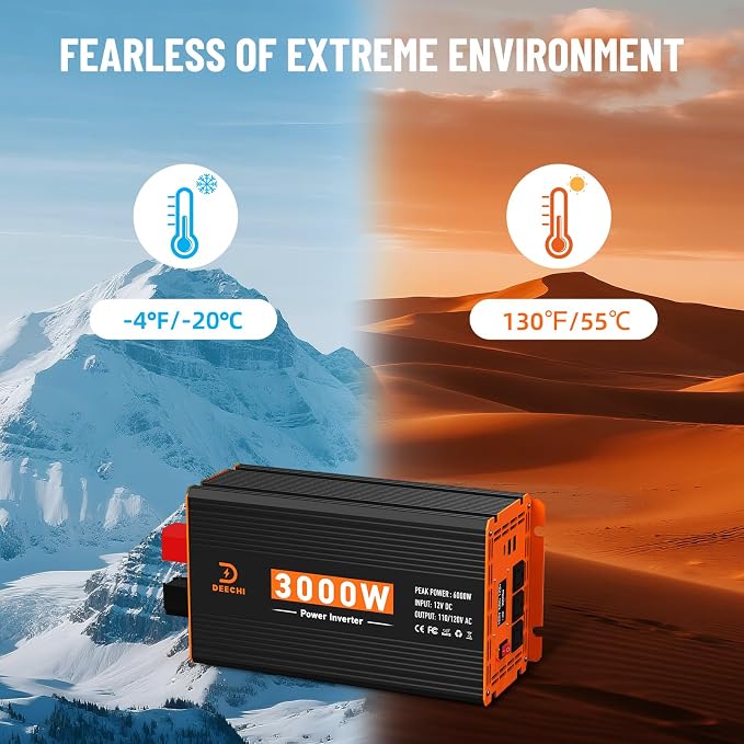 3000W Power Inverter 12V DC to 110V/120V AC Converter for RV/Truck/Boat/Camping/Off-Grid Solar Car Power Inverter Peak Power 6000W with 3 AC Outlets,USB & Type-C Port, Remote Controller & LCD Screen