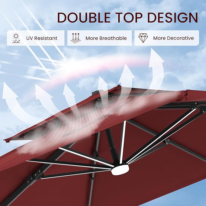 10x10 FT Cantilever Patio Umbrella with Led Lights Double Top Outdoor Square Large Heavy Duty Aluminum Offset Umbrellas with 7 Level Tilt 360-degree Rotation for Pool Garden Deck, Wine Red