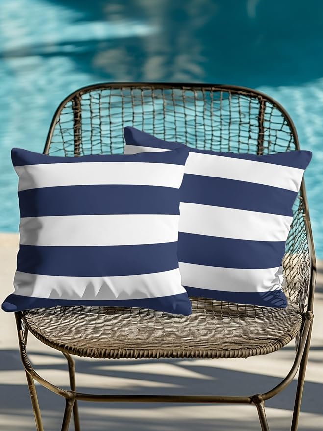 Waterproof Outdoor Pillow Set of 2 Navy Blue Stripe Decorative Throw Pillows Cover & Insert 16x16 Inch Pillowcase Simple Style Striped Square Pillows for Couch Sofa Bed Patio Furniture Indoor Outdoor