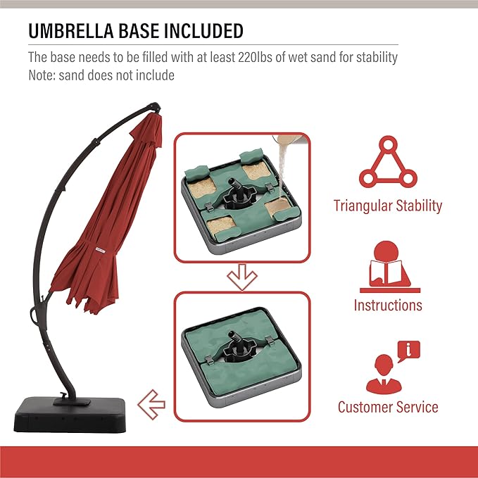 LAUSAINT HOME 11FT Curvy Cantilever Patio Umbrella with Base, 360° Rotation Offset Outdoor Umbrella, Heavy Duty Hanging Umbrella for Backyard, Pool, Garden（Red）