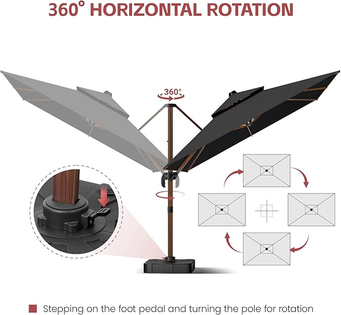 GENTEACO 10x13FT Rectangle Cantilever Patio Umbrella w/Base Included, Deluxe Wood Pattern Pole & 7 Angle Tilts, 360° Rotation, Offset Hanging Market Umbrellas for Garden Pool Patio, Black