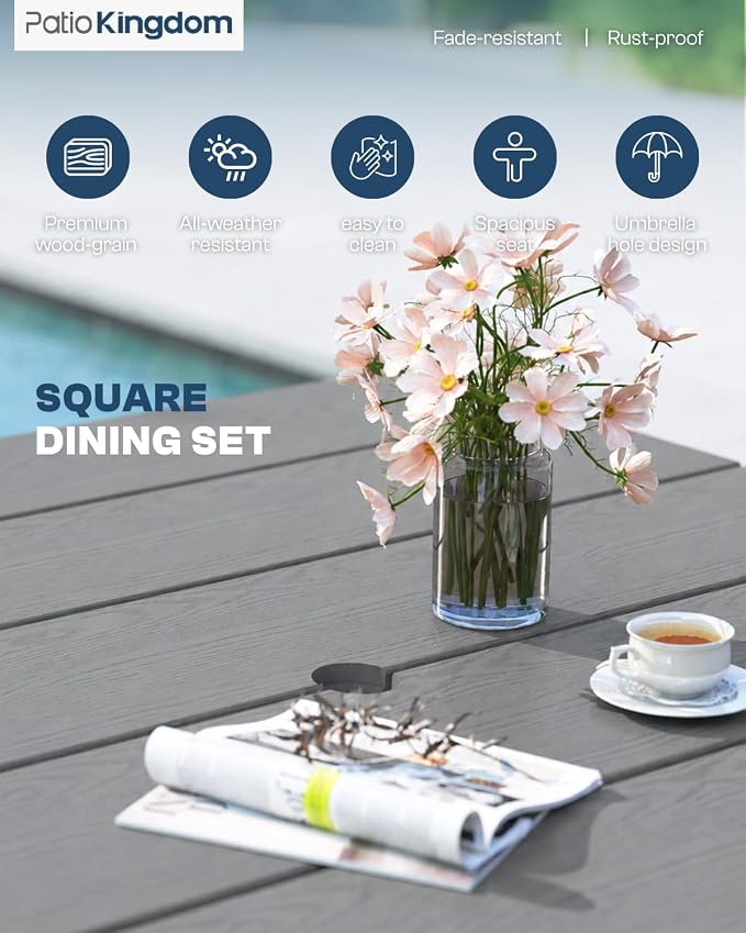 HDPE Outdoor Dining Set for 4, Square Table and Chairs, Grey | All-Weather HDPE, Wood Grain Finish, 42.5" Square Table, Built-In Umbrella Hole, Seats 4, Patio & Poolside Ready