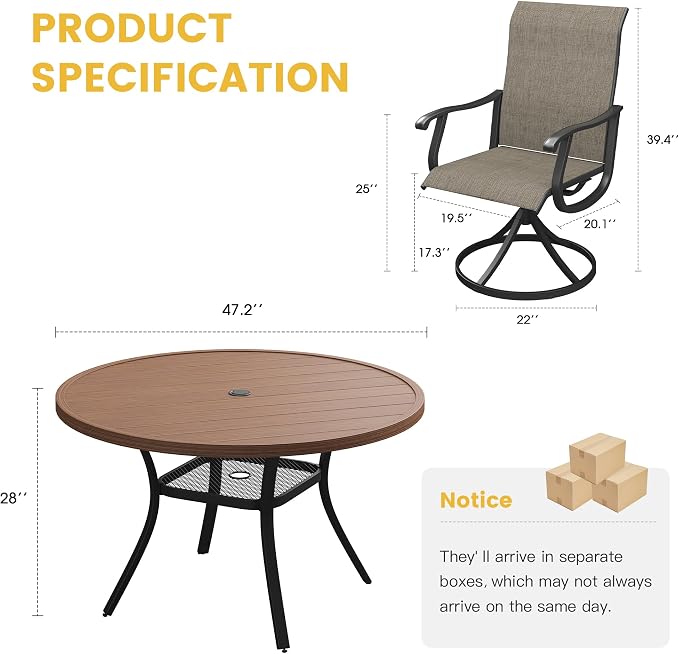 VICLLAX Patio Dining Set for 6, 7 Pieces Outdoor Furniture Includes 47.2" Round Patio Table with Umbrella Hole and 6 Outdoor Swivel Chairs for Lawn Garden, Walnut Tabletop and Mixed Brown Fabric