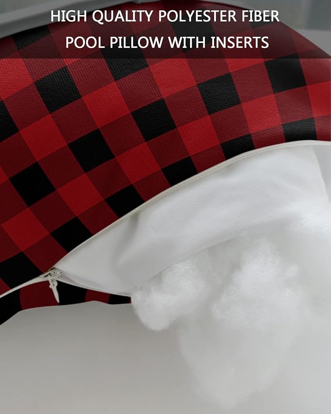 Outdoor Pillows Covers with Inserts Rustic Red and Black Buffalo Plaid Waterproof Recliner Pillow with Adjustable Strap Throw Pillows for Patio Furniture Pool Lounge Chair, 11x16 inch, 1PCS