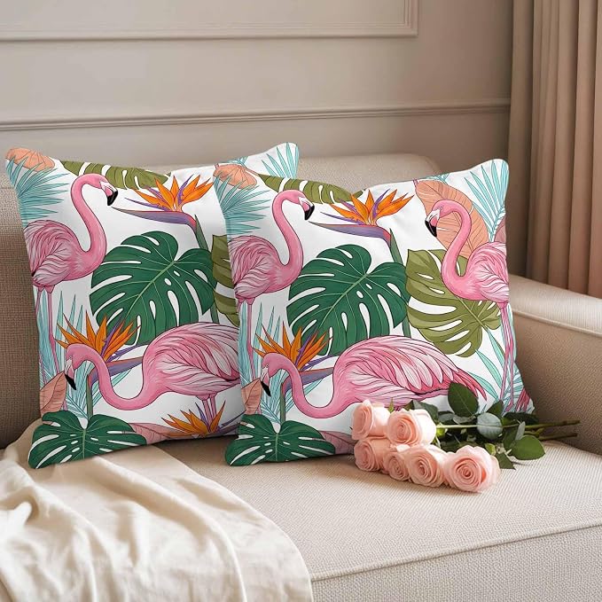 Pink Flamingos Outdoor Pillow Covers 20"x20" Set of 2, Watercolor Monstera Leaf Green Tropical Plant Waterproof Throw Pillow Covers for Patio Furniture, Decorative Cushion Covers for Porch