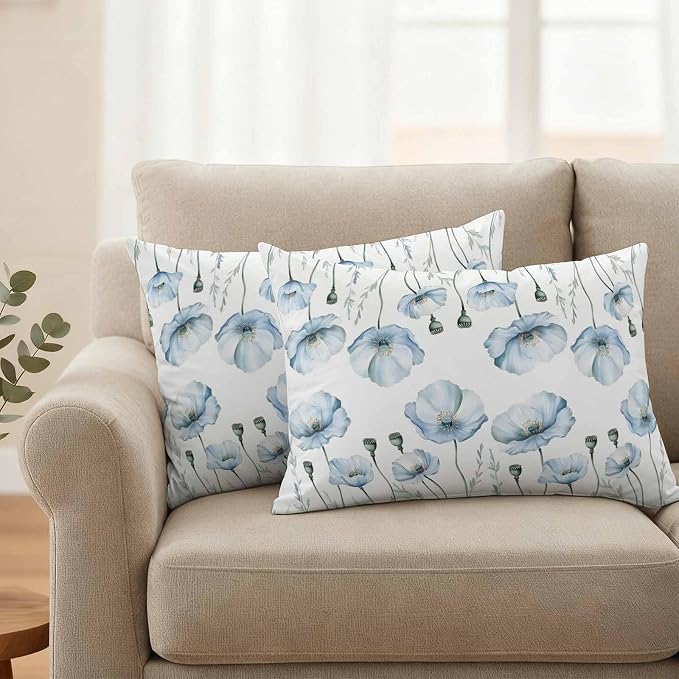 Blue Poppy Floral Waterproof Outdoor Pillow Covers Set of 2 Home Decor, Farmhouse Pastoral Botanical Flowers Pillowcase Patio Pillow Covers for Couch Bench Furniture Garden 20x12in