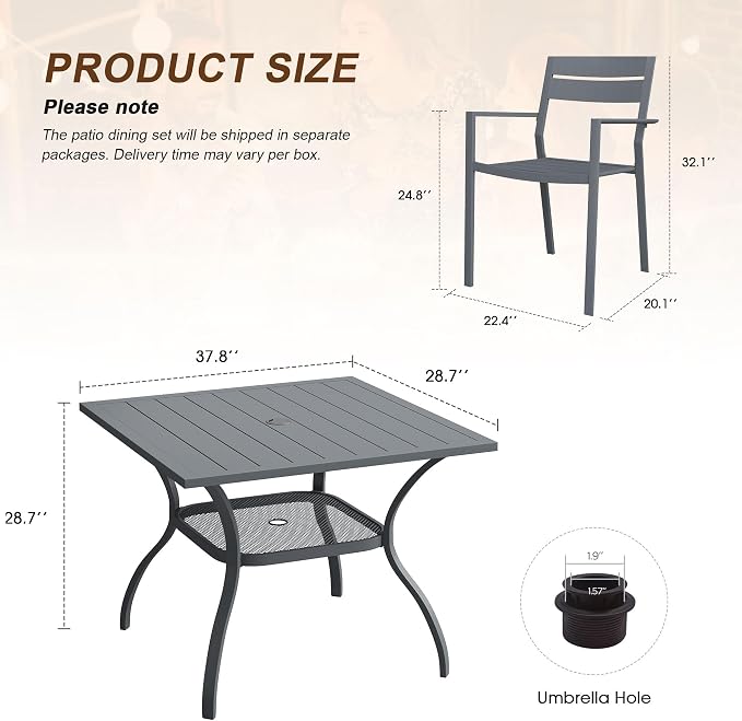 VICLLAX Patio 5 Pieces Outdoor Dining Set for 4, Wrought Iron Metal Outdoor Table and Chairs Set, 38" Square Table with Umbrella Hole and 4 Stackable Chairs for Lawn, Garden, Porch, Dark Grey/Grey