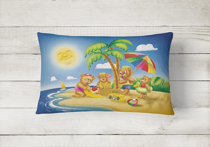 Caroline's Treasures APH0375PW1216 Bears Playing at The Beach Canvas Fabric Decorative Pillow Machine Washable, Indoor Outdoor Decorative Pillow for Couch, Bed or Patio, 12HX16W