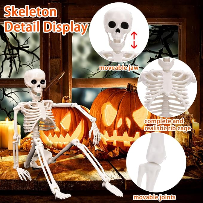 XIMISHOP 2pcs Skeleton Halloween Decoration, 16” Full Body Posable Hanging Plastic Decoration with Movable Joints for Indoor Outdoor