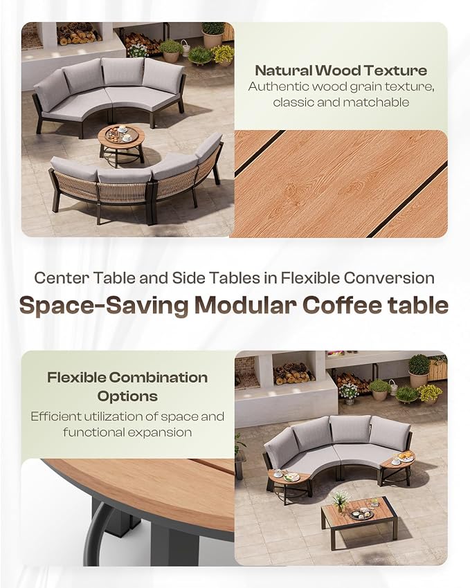 Outdoor Patio Sectional Modular Sofa, Aluminum 1 Piece Curved Patio Couch with Washable Cushions, All Weather PE Rope Sofa for Backyard,Porch, Deck, Poolsid, Gray