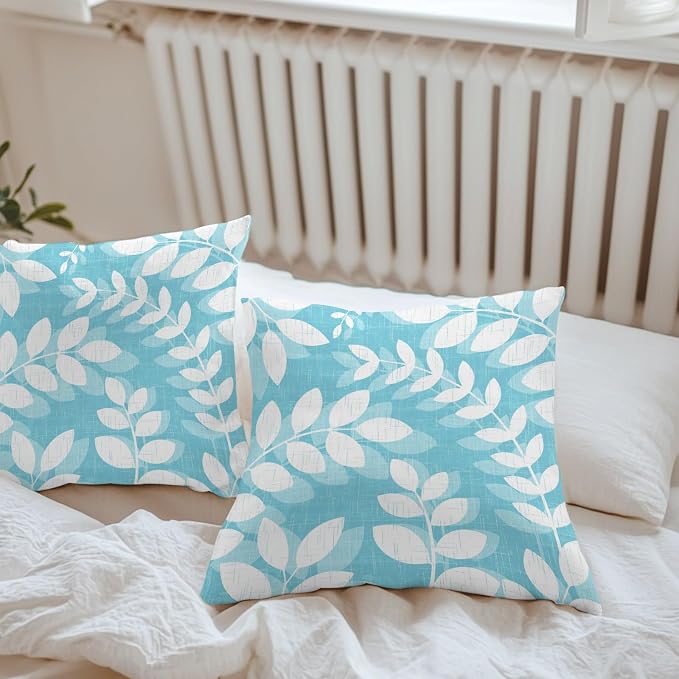 Light Blue Leaves Outdoor Waterproof Throw Pillow Covers 26x26 Set of 2, Farmhouse Botanical Branch Vintage Boho Leaf Decorative Pillowcases Cushion Pillowcase for Couch Sofa Patio Pillow Protector