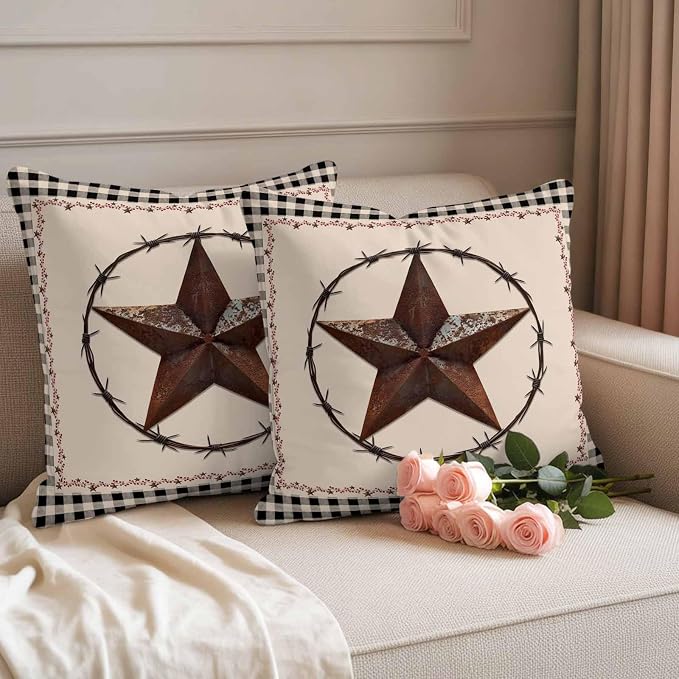 American Country Outdoor Waterproof Throw Pillow Covers Set of 2, 16"x16", Star Farmhouse Beige Black Buffalo Plaid Decorative Pillow Covers Outside Cushion Case for Patio Porch Garden