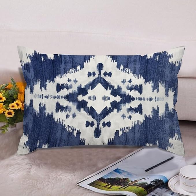 Set of 2 Navy Blue Grey and Beige Ikat Pattern Print Pillow Cases 12x18in Cushion Covers Farmhouse Pillows Covers for Couch Living Room Office Soft Rectangle Accent Pillowcase for Kids