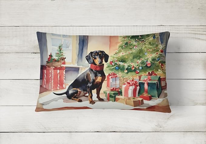 Caroline's Treasures DAC2643PW1216 Dachshund Cozy Christmas Throw Pillow Machine Washable, Indoor Outdoor Decorative Pillow for Couch, Bed or Patio, 12HX16W