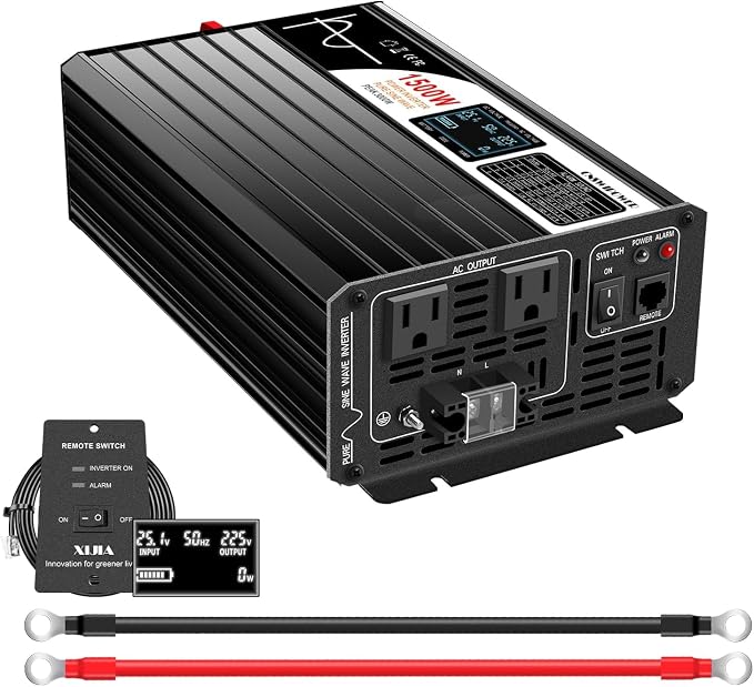 Xijia 1500W Pure Sine Wave Inverter，24V to 120V AC Converter for Home，Solar Systems，Remote and Bluetooth Control for Truck，Camping，with 2 AC Socket，Surge Power 3000W