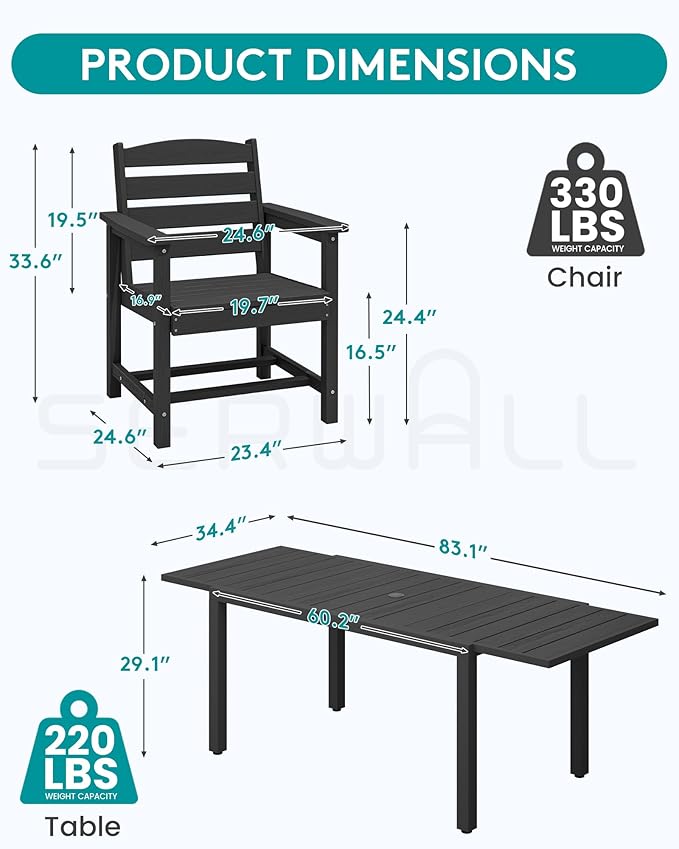 SERWALL Outdoor Dining Chairs Set of 2, All-Weather HDPE Patio Chairs, Black