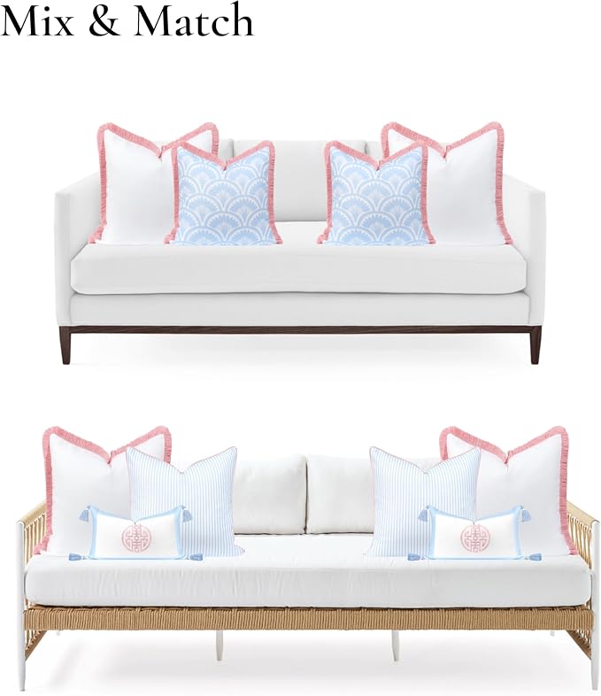 Hofdeco Premium Coastal Grandmillennial Patio Indoor Outdoor Throw Pillow Cover Only, 22"x22" Water Repellent for Backyard, Couch, Poolside, White Blush Pink Solid