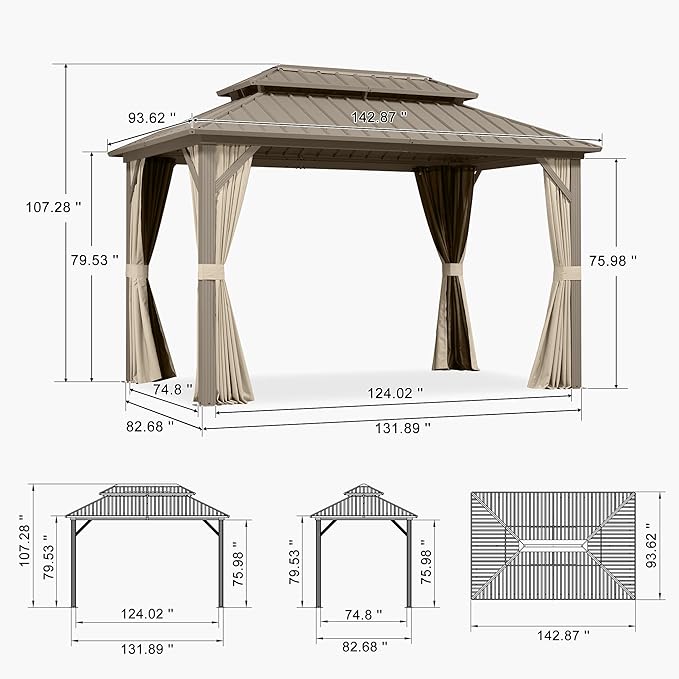 PURPLE LEAF 8' x 12' Outdoor Hardtop Gazebo, Champagne Metal Gazebo with Galvanized Steel Double Roof, Curtains and Netting for Patio Lawn and Garden