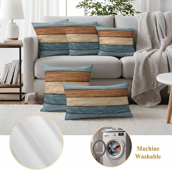 Farmhouse Blue Brown Outdoor Waterproof Pillow Covers, Vintage Wooden Striped Decorative Square Throw Pillowcase Sofa Cushion Sham for Patio/Couch/Chair, 16"x16" 2 Pack