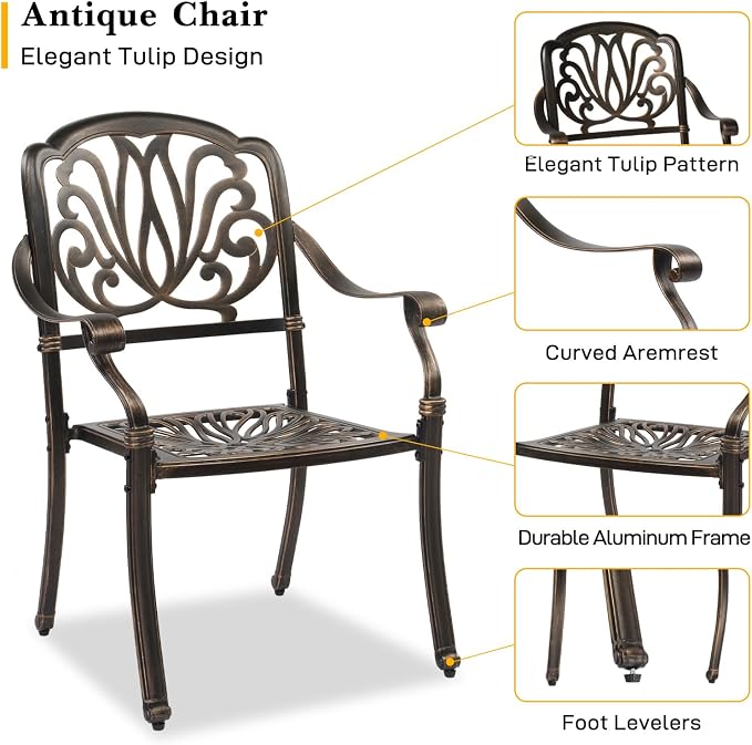 VINGLI 3 Pieces Outdoor Patio Table and Chairs Set with Umbrella Hole, Cast Aluminum Outdoor Dining Set with 2 Chairs and One Table for Yard, Garden, Porch and Poolside, Bronze