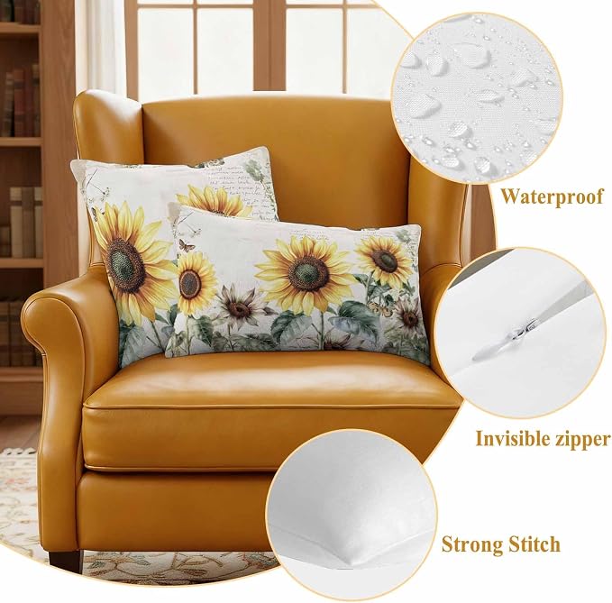 Vintage Yellow Sunflowers Outdoor Waterproof Throw Pillow Covers Set of 2, 20"x12", American Pastoral Style Decorative Pillow Covers Outside Cushion Case for Patio Porch Garden
