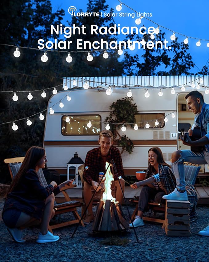 LORRYTE Solar String Lights Outdoor 32FT 50 LED Patio Lights, White | Crystal Globe, IP65 Waterproof, Auto On/Off, 8 Modes Solar Powered Light for Outside Garden Yard Wedding Porch Party Decor