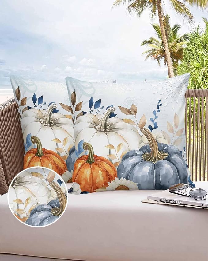 Fall Outdoor Throw Pillows Covers 24x24 inch Set of 2 Waterproof Blue White Pumpkin Zippered Cushion Covers for Patio Furniture, Autumn Eucalyptus Leaf Floral Thanksgiving Lumbar Pillowcases