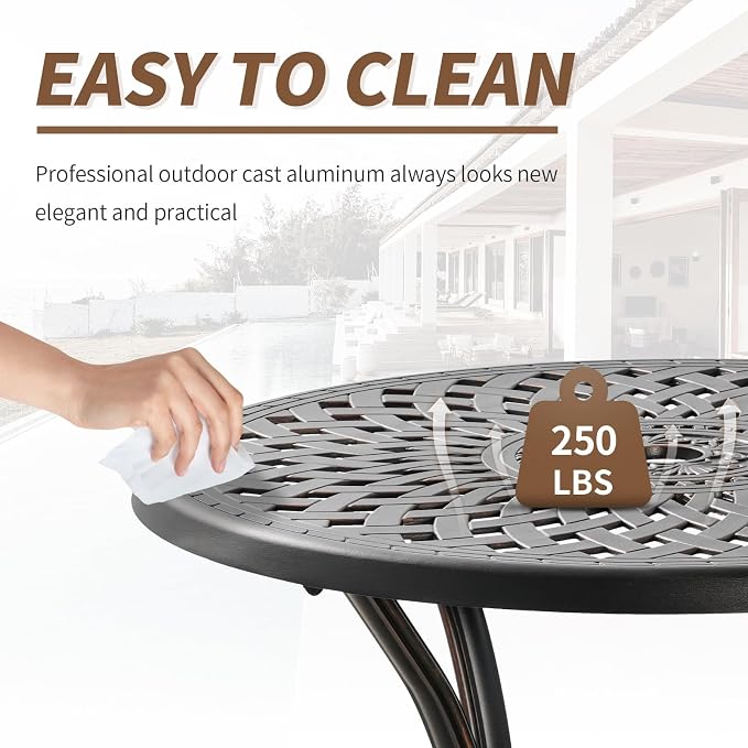 3 Piece Outdoor Dining Set,Cast Aluminum Bistro Set with Umbrella Hole, All Weather Patio Furniture Set, Small Patio Dining Set for Garden/Balcony/Deck, Bronze (Woven Backrest)