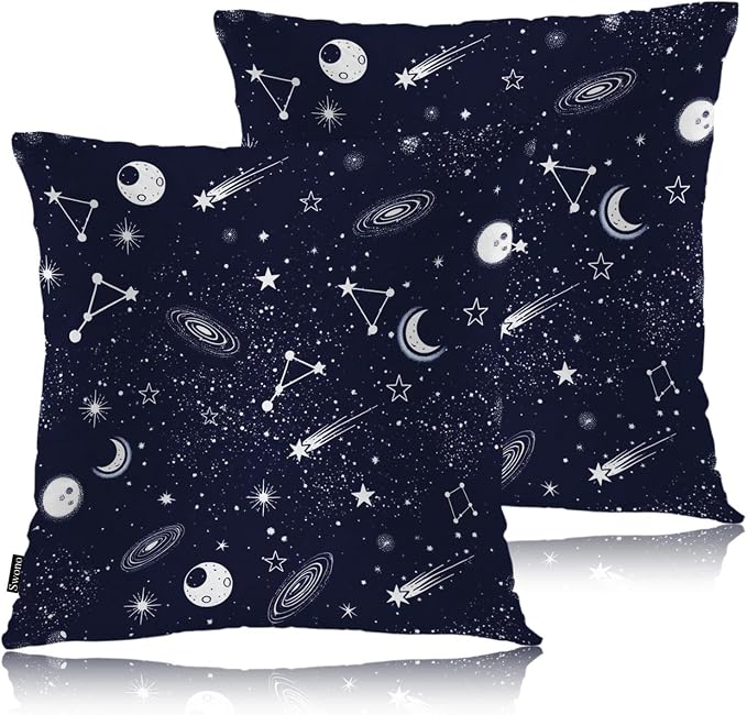 Swono Home Decorative Throw Pillow Covers Galaxy Space, Cosmos Stars Space Galaxy Constellation Set of 2 Modern Pillow Case Cushion Cover for Sofa Couch Bed Farmhouse Pillows Covers Decor 18x18 Inch