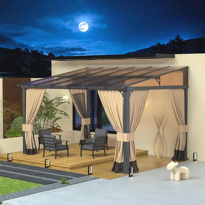 10' x 12' Lean to Gazebo,Large Wall Mount Heavy Duty Gazebos Pavilion,Outdoor Hardtop Pergola Shelter with Curtains and Netting,Sunshade for Patio Garden Lawn Backyard Deck,Brown