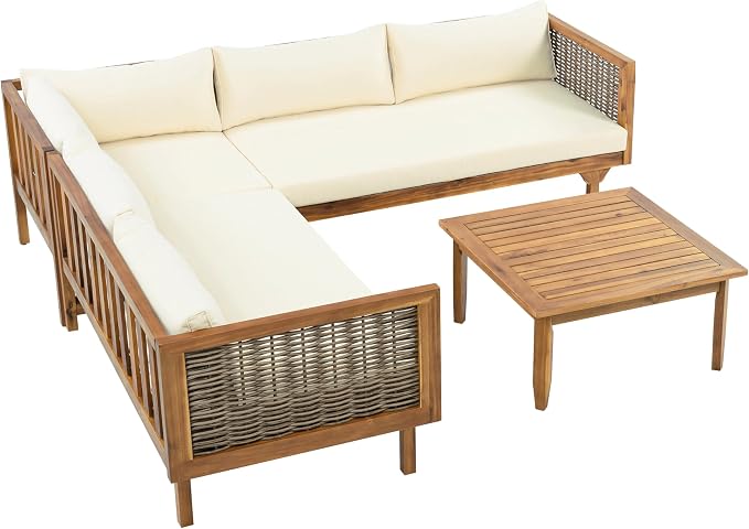 LUMISOL 4-Piece Outdoor Acacia Wood Sofa Set with Water Resistant Cushions, All Weather Patio Conversation Set with Coffee Table for Garden, Backyard, Poolside, Teak+Beige