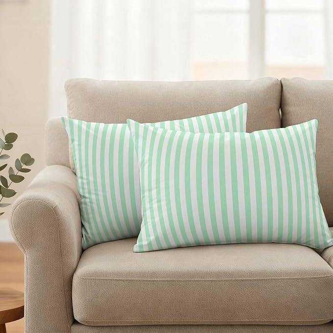 Lumbar Pillow Covers 20x12 Inch Set of 2, Green White Stripe Waterproof Outdoor Cushion Covers, Modern Minimalist Geometric Striped Decorative Pillowcases for Couch, Sofa, Bed, Garden, Patio